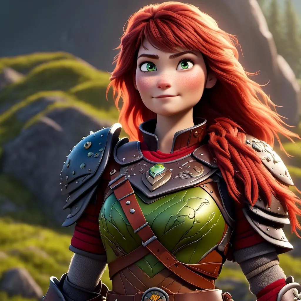 Prompt: <mymodel>CGI Animation of a viking female, brown hair, bright red gear and armor, yellow highlights and textures, green eyes, intricate details, high quality, digital painting, cool tones, dramatic lighting