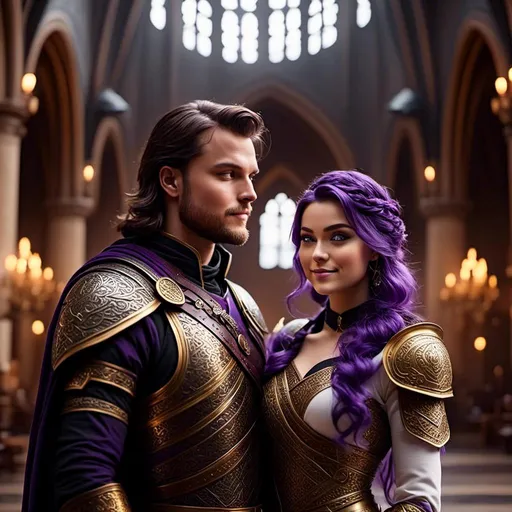 Prompt: Photo of <mymodel> standing in The Great Hall with her husband Jarl Everson who is 24-years old who has brown (((short))) wavy hair