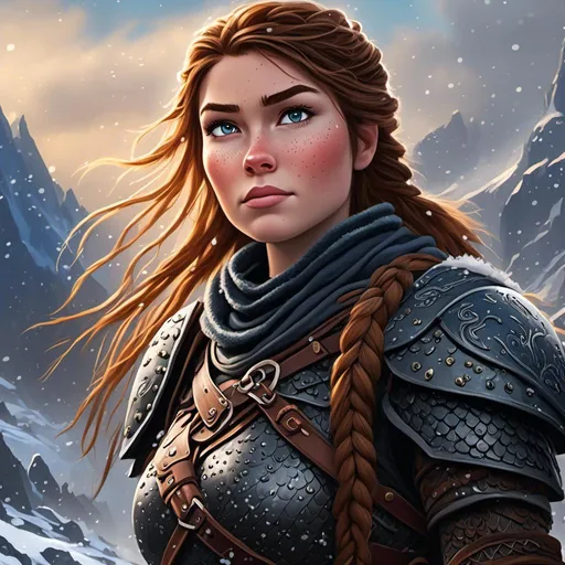 Prompt: <mymodel>digital art style of a fierce viking female warrior, detailed braided hair and battle scars, rugged and weathered armor, intense and determined gaze, snowy and rugged landscape, , fierce, warrior, detailed hair, battle scars, snowy landscape, intense gaze, weathered armor, dramatic lighting