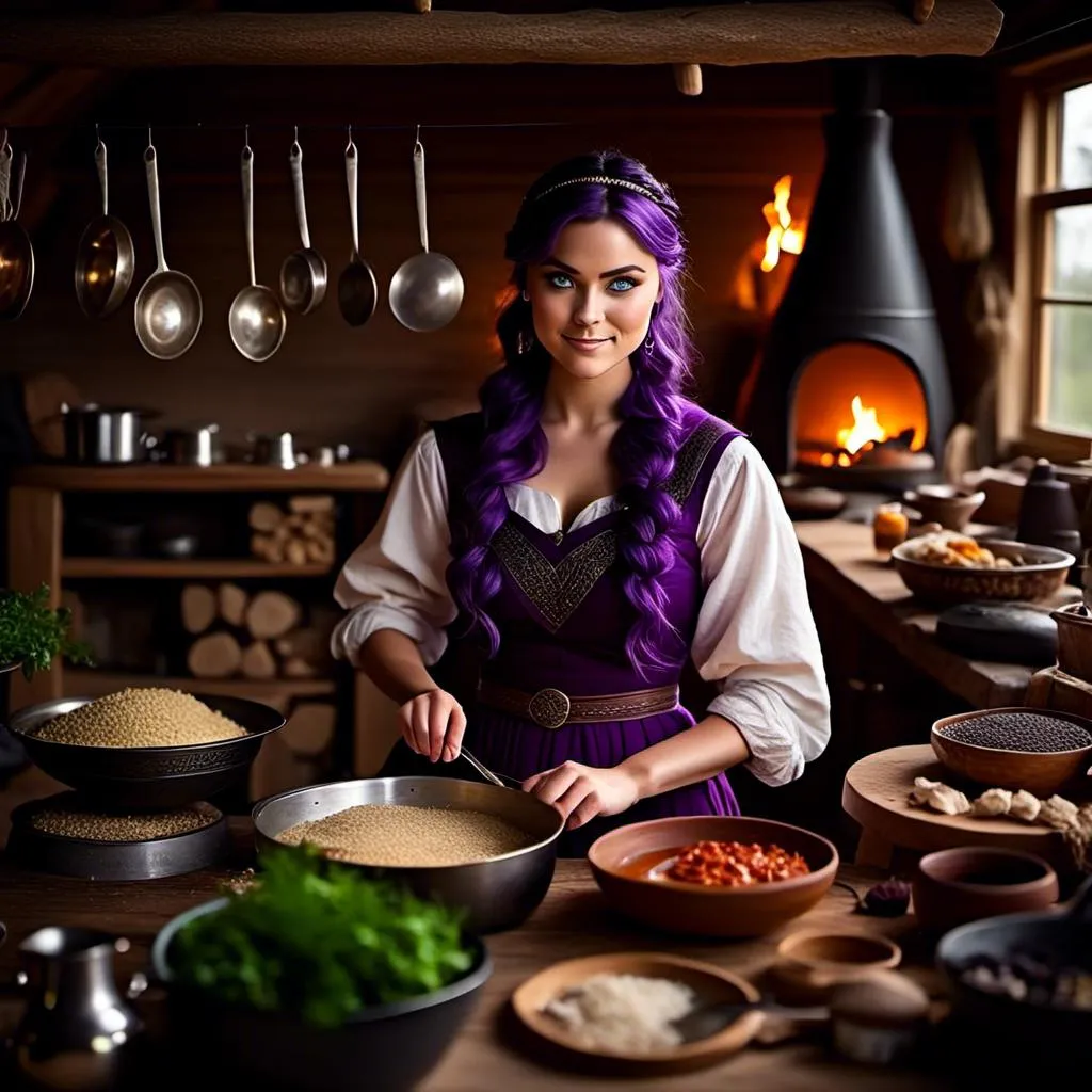 Prompt: Photo of <mymodel> working in the kitchen preparing food in her viking house, she has light blue eyes