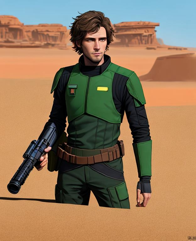 Prompt: Digital Art, 26-year-old man on Lothal in Star Wars, green lightsaber, green eyes, short brown hair, star wars pilot, green gear, tactical belt, long sleeve shirt, brown pants, a280c blaster rifle, unreal engine 8k octane, full body, full gear