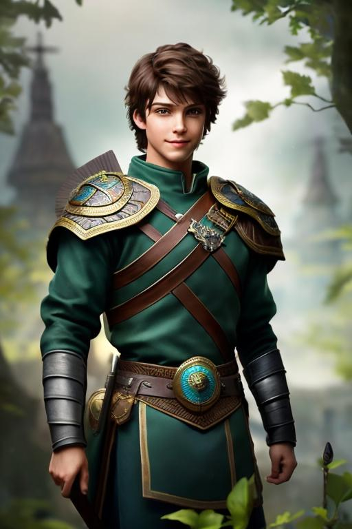 Prompt: he has short brown hair, with a smile, create most handsome fictional male prince viking warrior, short brown hair, light green eyes, extremely detailed environment, detailed background, intricate, detailed skin, professionally color graded, photorealism, 16k, moody lighting