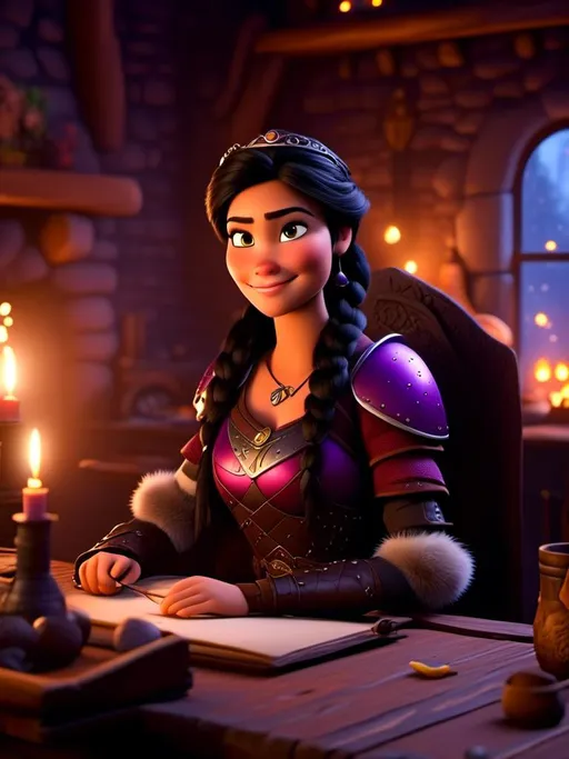 Prompt: <mymodel>CGI Animation, digital art, 20-year-old-old viking princess woman of royalty sitting at a desk in her home in the living room next to the fireplace, light blue eyes, {{black gear, purple armor}}, black hair, single braid down her shoulder with a tiara, subtle smile, unreal engine 8k octane, 3d lighting, close up camera shot on the face, full armor