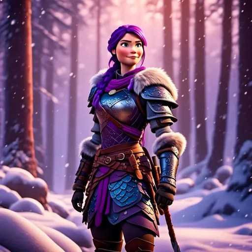 Prompt: <mymodel>a female viking warrior with purple hair standing in a snowy forest, light blue eyes, single braid down shoulder, purple armor, subtle smile, full body, cool tones, dramatic lighting, simple details