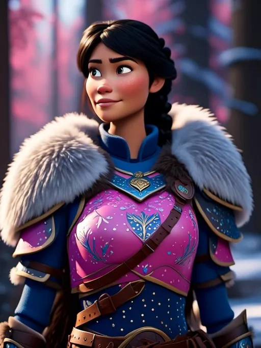 Prompt: <mymodel>CGI Animation, digital art, 20-year-old-old viking woman of royalty standing in the forest, a snowy scene, {{pink gear, blue armor}}, black hair, straight hair with a tiara, subtle smile, unreal engine 8k octane, 3d lighting, close up camera shot on the face, full armor