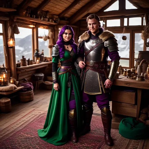 Prompt: Photo of <mymodel> standing in her hut with her husband Jarl Everson who is 24-years old who has brown (((short)) wavy hair and green gear