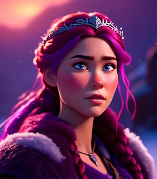 Prompt: <mymodel>CGI Animation, digital art, 20-year-old-old viking woman with light blue eyes, she looks very sad and angry, standing in a battle arena at night in the snow, purple hair with purple strands, single braid down her shoulder with a tiara, unreal engine 8k octane, 3d lighting, close up camera shot on the face, full armor