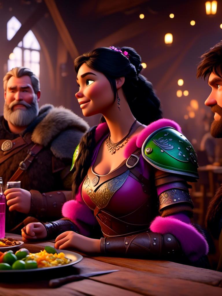 Prompt: <mymodel>CGI Animation, digital art, 20-year-old-old viking woman of royalty standing a busy tavern having a meal with her husband Jarl with green and brown armor, {{the woman has pink gear, purple armor}}, black hair, straight hair with a tiara, subtle smile, unreal engine 8k octane, 3d lighting, close up camera shot on the face, full armor