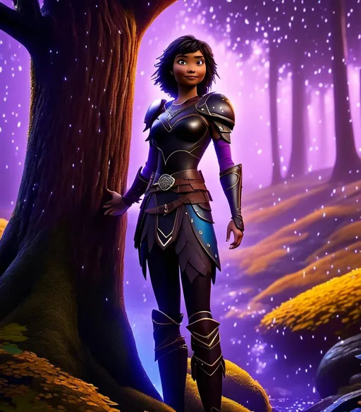 Prompt: <mymodel>CGI Animation, digital art, 20-year-old-old caucasian viking woman with light blue eyes, it is raining, she is of royalty standing at night next to a tree with her hands resting on the bark, she is in a dimly lit thick forest with trees everywhere, dense fog, {{black gear, purple armor}}, purple hair, single braid down her shoulder with a tiara, subtle smile, unreal engine 8k octane, 3d lighting, close up camera shot on the face, full armor