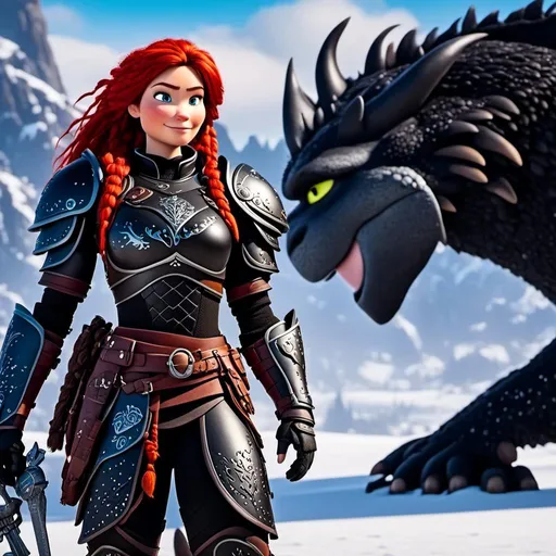 Prompt: <mymodel>CGI animation, 40-year-old woman, red hair, dreadlocks, braids, light blue eyes, black gear, black armor, standing on a snowy plain with her white dragon