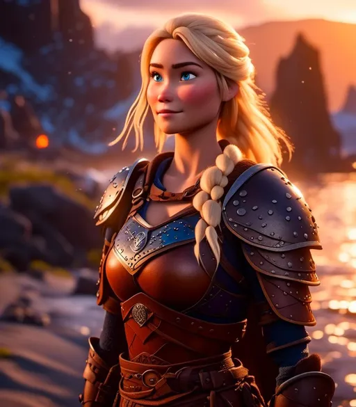 Prompt: <mymodel>CGI Animation, digital art, 20-year-old-old viking woman with blue eyes standing around several hot springs on a beach, blue clothes, blue colored armor, sunset lighting, blonde straight hair, subtle smile, unreal engine 8k octane, 3d lighting, cinematic lighting, camera shot of full armor from head to toe