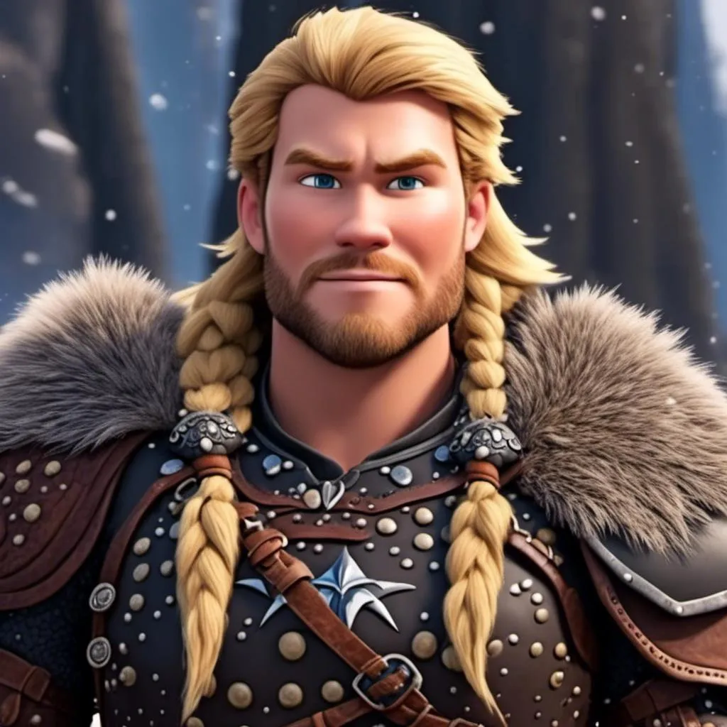 Prompt: <mymodel>Animated CGI style of a fierce Caucasian Viking with blonde hair, intense gaze, realistic fur and clothing textures, high quality, CGI, realistic, intense gaze, viking, male, Caucasian, detailed facial features, fur textures, highres, professional, intense lighting