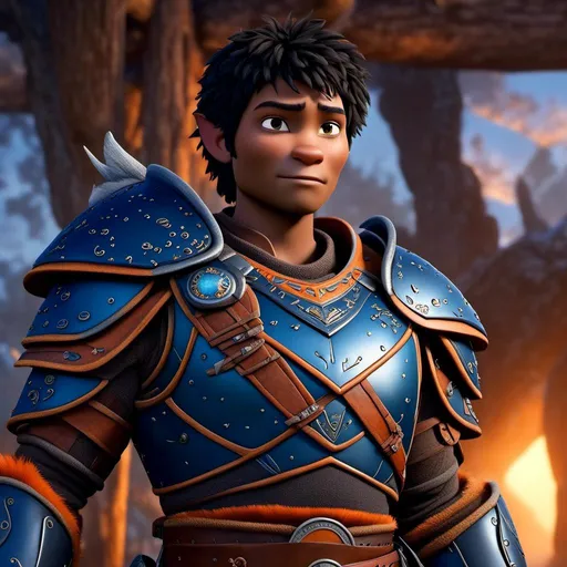 Prompt: <mymodel>Animated CGI style of a kind Viking male scholar with black hair, thoughtful gaze, realistic blue armor with bursts of orange textures, high quality, fur textures, highres, professional, intense lighting