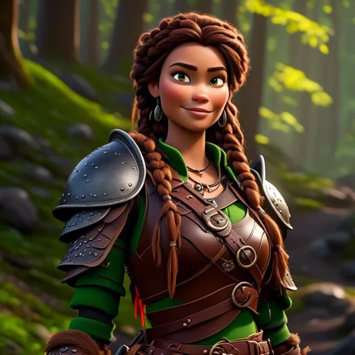 Prompt: <mymodel>CGI Animation, 20-year-old-old pirate woman, thick forest scene, {{brown gear, silver armor}}, brunette hair, dreadlocks, subtle smile, beads hair, small red earrings, multiple braids, green gear, straight hair, green eyes, bracelets, rings on fingers, mercenary gear, unreal engine 8k octane, 3d lighting, full body, full armor