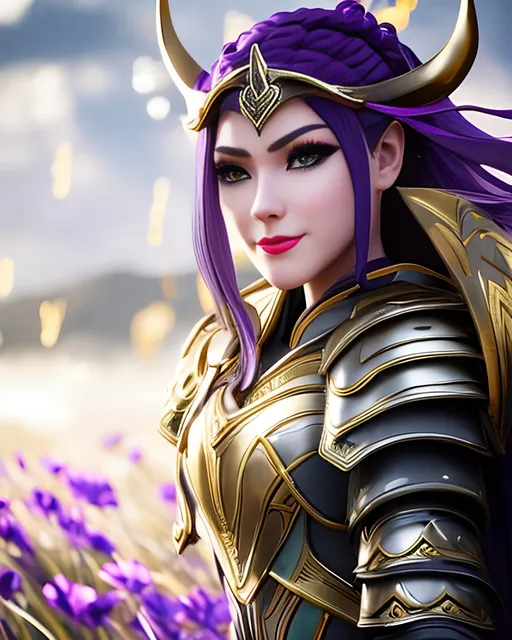 Prompt: she has a scar over her right eye, gold armor over her chest, purple lips, smiling, create a female viking warrior, the female has dark purple hair, her gear is black and silver, black pants, her eyes are light blue, she is in a grassy field