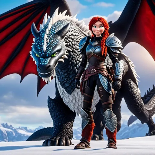 Prompt: <mymodel>CGI animation, 40-year-old woman, white dragon with light blue highlights, red hair, dreadlocks, braids, light blue eyes, black gear, black armor, standing on a snowy plain with her white dragon