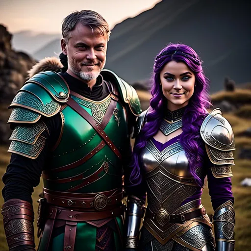 Prompt: Photo of <mymodel> standing next to her husband Jarl Mollerson who has green gear and silver armor