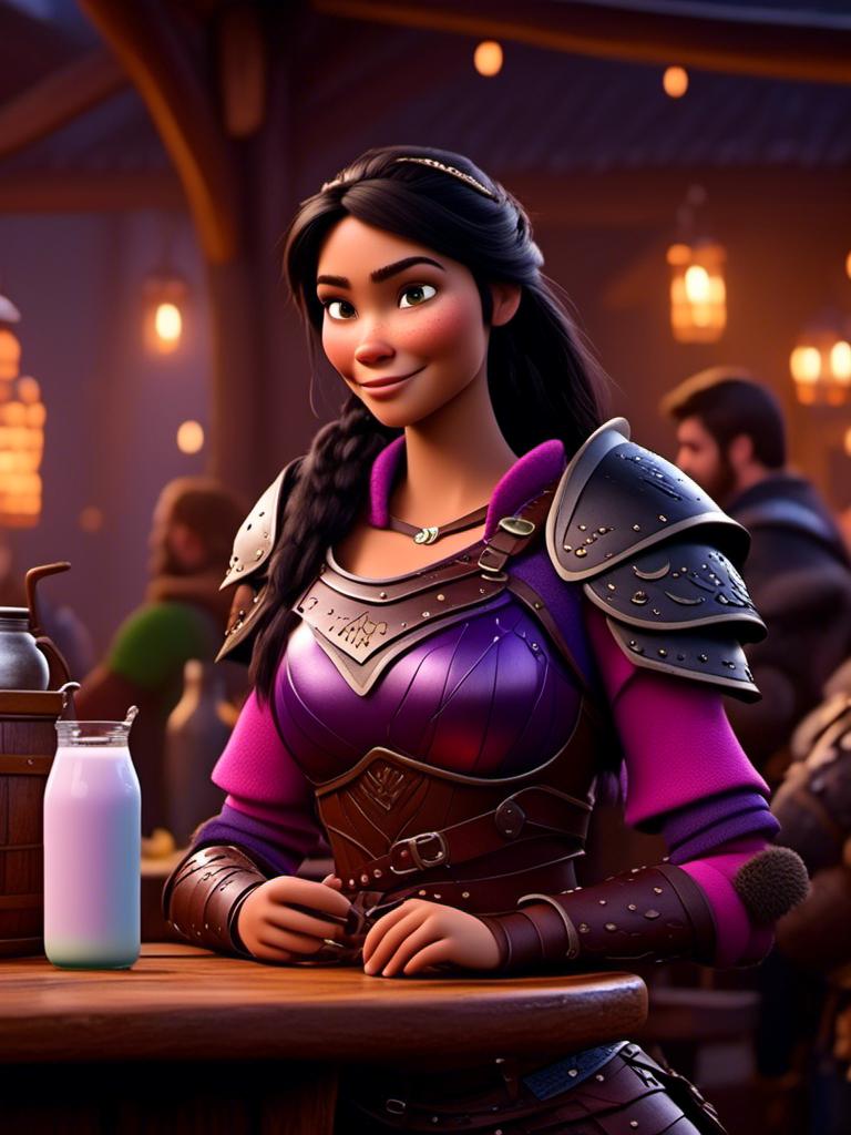 Prompt: <mymodel>CGI Animation, digital art, 20-year-old-old viking woman of royalty standing a busy tavern having a drink of milk, {{purple gear, pink armor}}, black hair, straight hair with a tiara, subtle smile, unreal engine 8k octane, 3d lighting, close up camera shot on the face, full armor