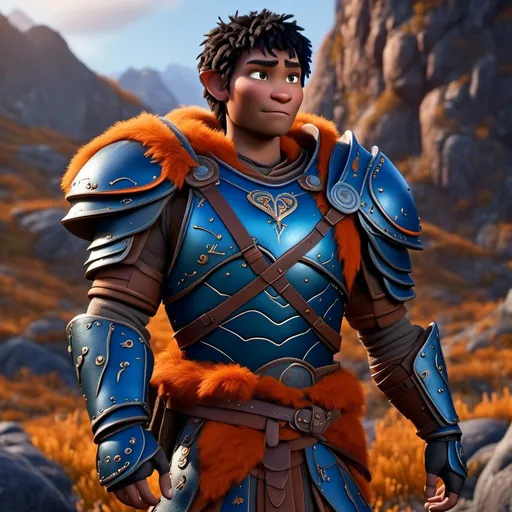 Prompt: <mymodel>Animated CGI style of a kind Viking male scholar with black hair, thoughtful gaze, realistic blue armor with bursts of orange textures, high quality, fur textures, highres, professional, intense lighting