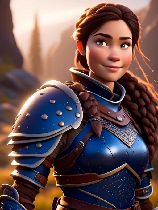 Prompt: <mymodel>Digital art, 18-year-old viking woman, subtle smile, cobalt blue gear, cobalt blue armor, brunette hair, two braids, dark brown eyes, unreal engine 8k octane, 3d lighting, full body, full armor