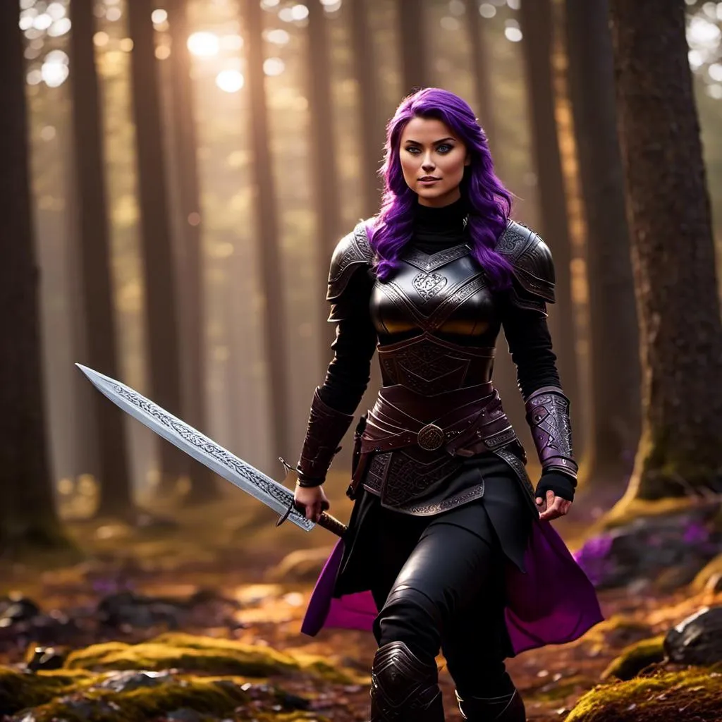 Prompt: <mymodel>25-year-old viking woman, subtle smile, light blue eyes, black gear, bright black armor, wearing an iron-man like suit of armor, black textures and highlights, fighting in the forest in an intense sword battle with Einar Verodfellar, short focus, blurry background, unreal engine 8k octane, 3d lighting, full body, full armor