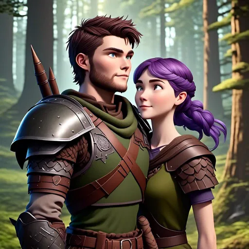 Prompt: <mymodel>Photo of  standing in the forest with his wife Annabeth  who is slightly shorter and has purple hair with a single hair braid down her shoulder