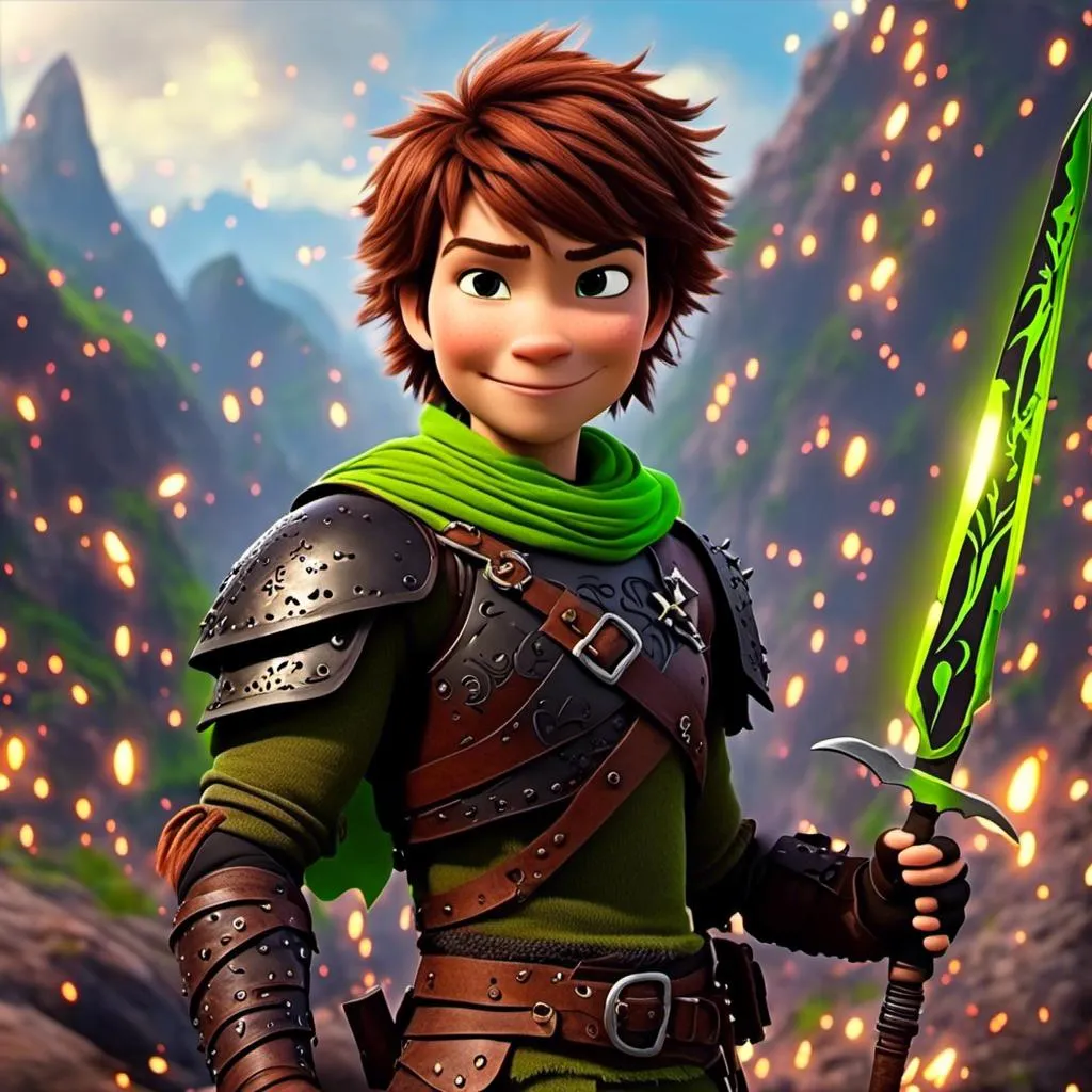 Prompt: <mymodel>CGI Animation, sinister viking boy, 18-year-old, chaotic evil, red short messy hair, no facial hair, neon green bandana scarf, dark brown, dark brown long-sleeve shirt, pants, leather armor, two daggers, dozen throwing knives