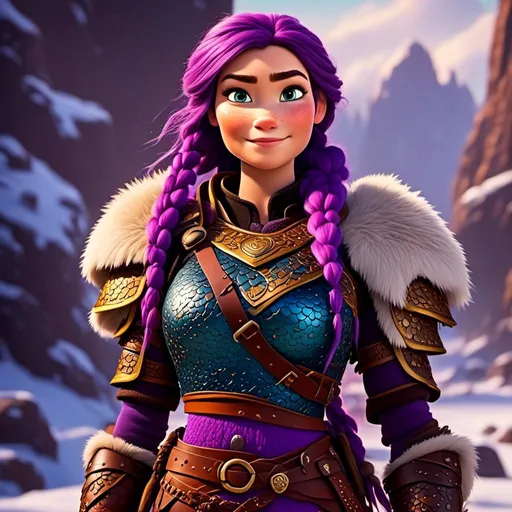 Prompt: Photo of <mymodel> standing in the snow, viking warrior, light blue eyes, purple hair, single braid down her shoulder, purple gear, gold armor, purple pants, gold boots