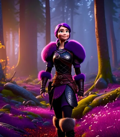 Prompt: <mymodel>CGI Animation, digital art, 20-year-old-old viking woman of royalty standing in a dimly lit thick forest with trees everywhere, dense fog, light blue eyes, {{black gear, purple armor}}, purple hair, single braid down her shoulder with a tiara, subtle smile, unreal engine 8k octane, 3d lighting, close up camera shot on the face, full armor