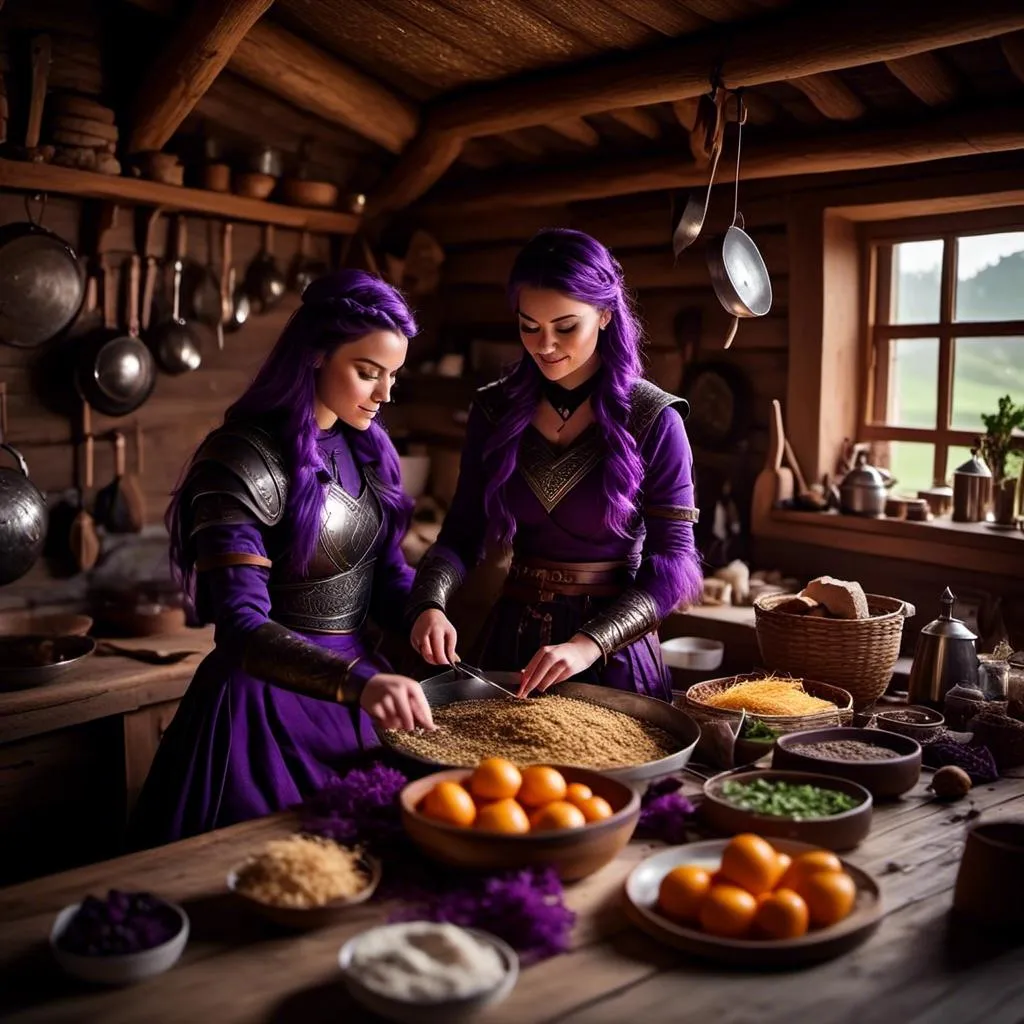 Prompt: Photo of <mymodel> working in the kitchen preparing food in her viking house