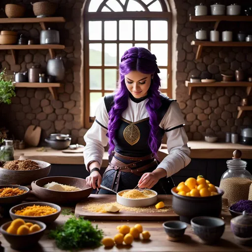 Prompt: Photo of <mymodel> working in the kitchen preparing food in her viking house