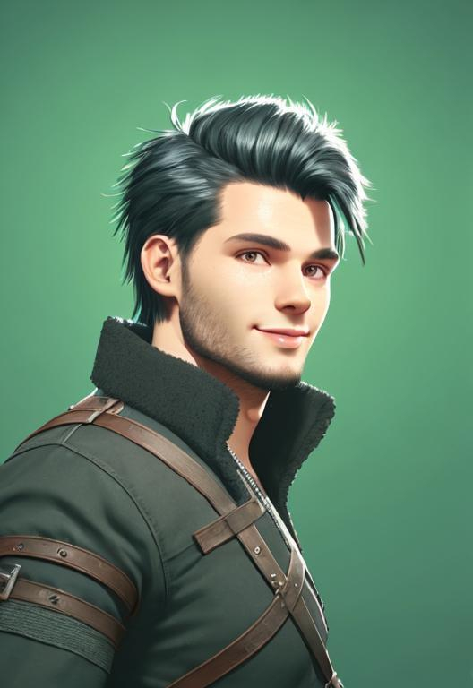 Prompt: Digital art, black hair, 22-year-old viking man, viking gear, medium-length black hair, black stubble beard, subtle smile, hazel eyes, yellow viking gear, adventurer, unreal engine 8k octane, 3d lighting