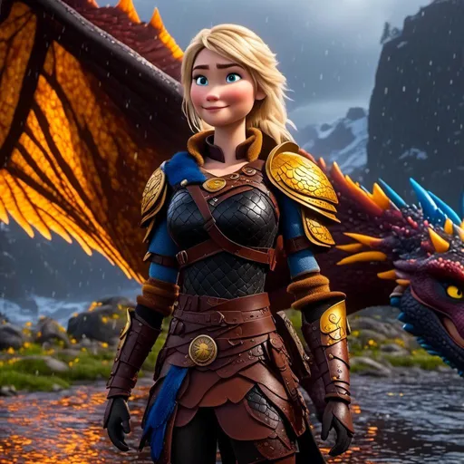 Prompt: <mymodel>CGi Animation, 20-year-old viking woman with blue eyes, a rainy scene, she is standing next to a bright blue dragon with gold highlights, they are both in the rain, the viking woman has a subtle smile, blonde hair, she has blue gear, gold armor, black pants, black boots, unreal engine 8k octane, 3d lighting, full body, full armor