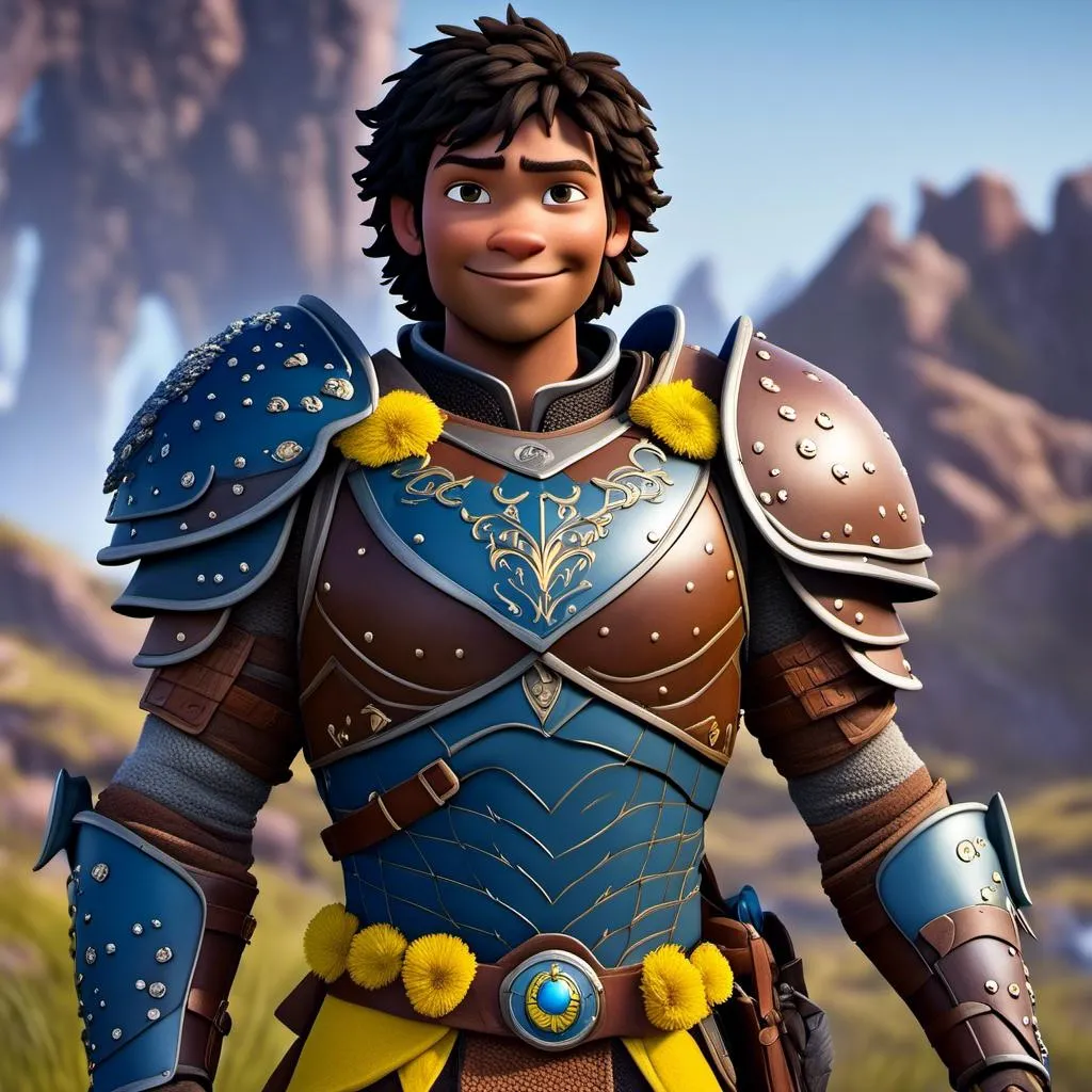 Prompt: <mymodel>Animated CGI style of a fierce ((Caucasian Viking male)) with medium length wavy black hair, joyous gaze, yellow gear and blue armor, realistic clothing textures, high quality, CGI, realistic, viking, male, Caucasian, detailed facial features, highres, professional, intense lighting