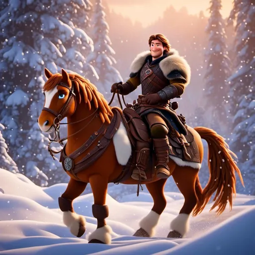 Prompt: <mymodel>CGI Animation, 20-year-old pirate man, rides a palomino horse through the snowy, a snowy scene, {{brown gear, silver armor}}, brunette hair, dreadlocks, subtle smile, beads hair, multiple braids, straight hair, blue eyes, bracelets, rings on fingers, mercenary gear, unreal engine 8k octane, 3d lighting, full body, full armor