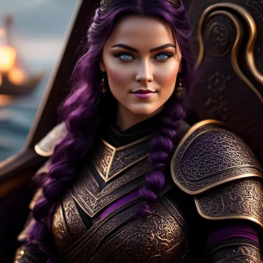 Prompt: <mymodel>25-year-old viking woman, subtle smile, light blue eyes, black gear, bright black armor, black textures and highlights, sitting in the hull of a viking ship, blurry background, unreal engine 8k octane, 3d lighting, full body, full armor