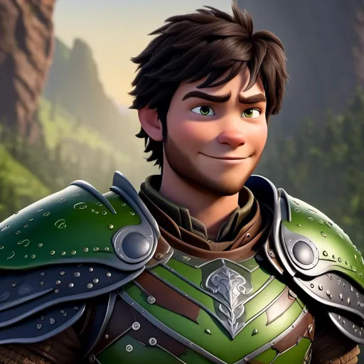 Prompt: <mymodel>Animated CGI style of a fierce ((Caucasian Viking male)) with medium length wavy black hair, joyous gaze, black gear and green armor, realistic clothing textures, high quality, CGI, realistic, viking, male, Caucasian, detailed facial features, highres, professional, intense lighting