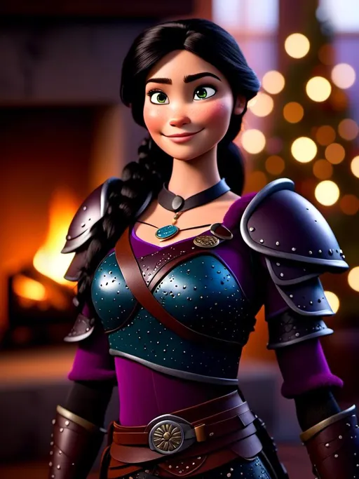 Prompt: <mymodel>CGI Animation, digital art, 20-year-old-old viking woman of royalty standing in her home in the living room next to the fireplace, light blue eyes, {{black gear, purple armor}}, black hair, single braid down her shoulder with a tiara, subtle smile, unreal engine 8k octane, 3d lighting, close up camera shot on the face, full armor