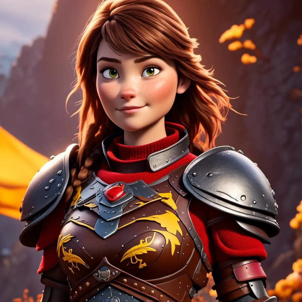 Prompt: <mymodel>CGI Animation of a viking female, brown hair, hazel eyes, bright red gear and armor, yellow highlights and textures, intricate details, high quality, digital painting, cool tones, dramatic lighting