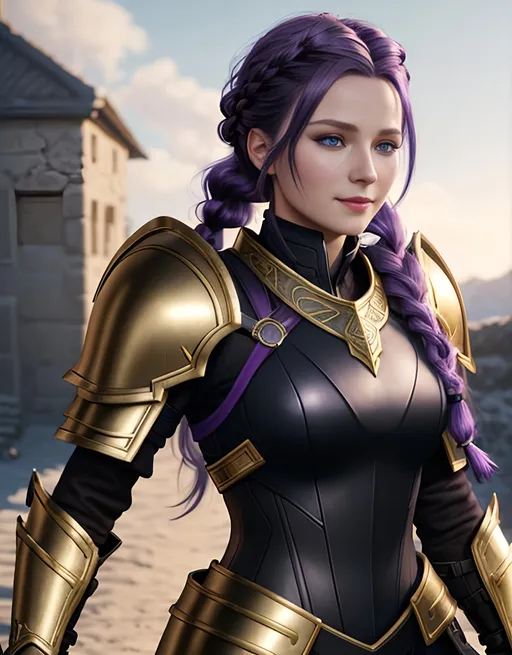 Prompt: Digital art, bright colors, subtle smile, 20-year-old woman viking, dark purple hair, one braid, light blue eyes, cut over left eye to on cheek bone, black gear, gold armor, unreal engine 8k octane, 3d lighting, full body, full armor, Adolph Friedrich Erdmann von Menzel 