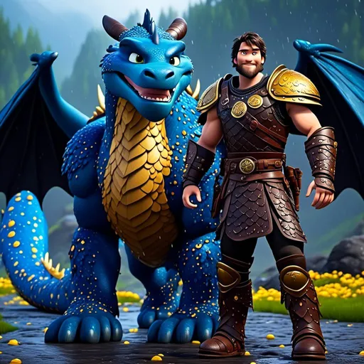 Prompt: <mymodel>CGi Animation, 20-year-old viking man with blue eyes, a rainy scene, he is standing next to a bright blue dragon with gold highlights, they are both in the rain, the viking man has a subtle smile, black hair, he has blue gear, gold armor, black pants, black boots