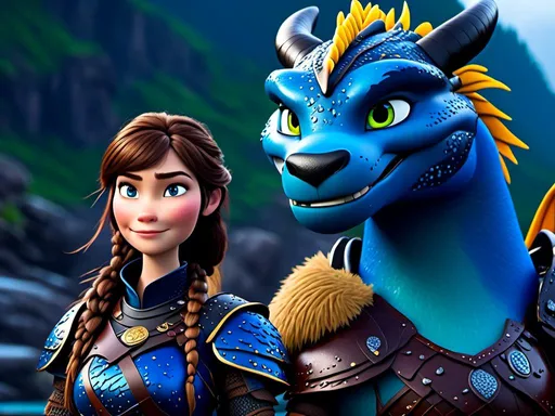 Prompt: <mymodel>CGi Animation, 20-year-old viking woman with blue eyes, a rainy scene, she is standing next to a bright blue dragon with gold highlights, they are both in the rain, the viking woman has a subtle smile, brunette hair in a two pony tail braids style, she has blue gear, gold armor, black pants, black boots