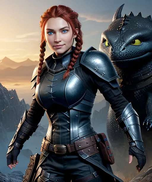 Prompt: Digital art, ((black)) rogue gear, ((black)) adventurer armor, Medium build, slightly broad-shouldered, (((DreamShaper Version 1))), Berk of How to Train Your Dragon, viking woman, subtle smile, red hair, cornrow braids, blue eyes, ((black gear, black armor,)) unreal engine, 8k octane, 3d lighting, full body, full armor