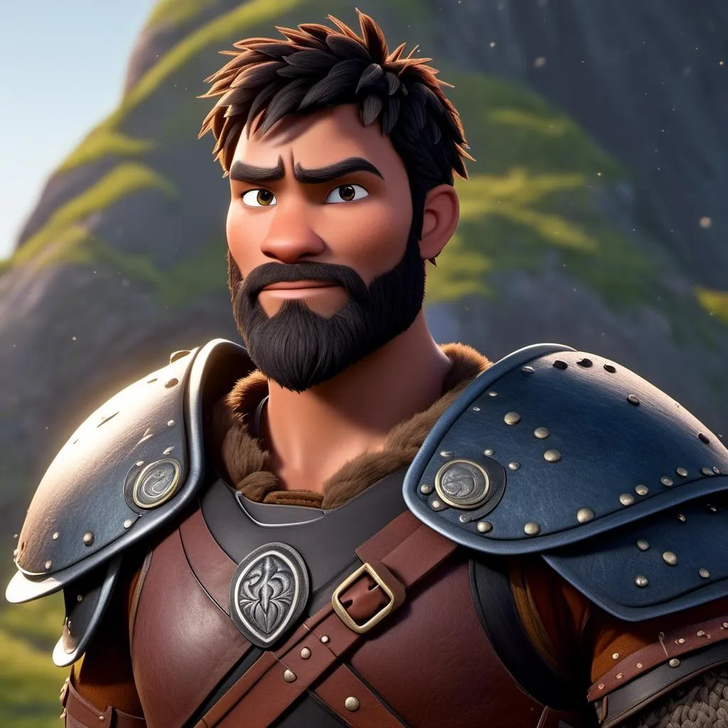 Prompt: <mymodel>Animated CGI style of a fierce ((Caucasian Viking male)) with black hair topknot with fade, intense gaze, realistic clothing textures, high quality, CGI, realistic, intense gaze, viking, male, Caucasian, detailed facial features, highres, professional, intense lighting