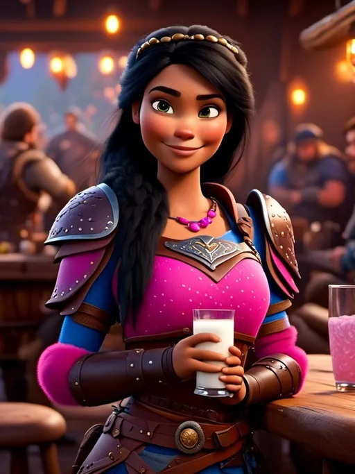 Prompt: <mymodel>CGI Animation, digital art, 20-year-old-old viking woman of royalty standing a busy tavern having a drink of milk, {{pink gear, blue armor}}, black hair, straight hair with a tiara, subtle smile, unreal engine 8k octane, 3d lighting, close up camera shot on the face, full armor