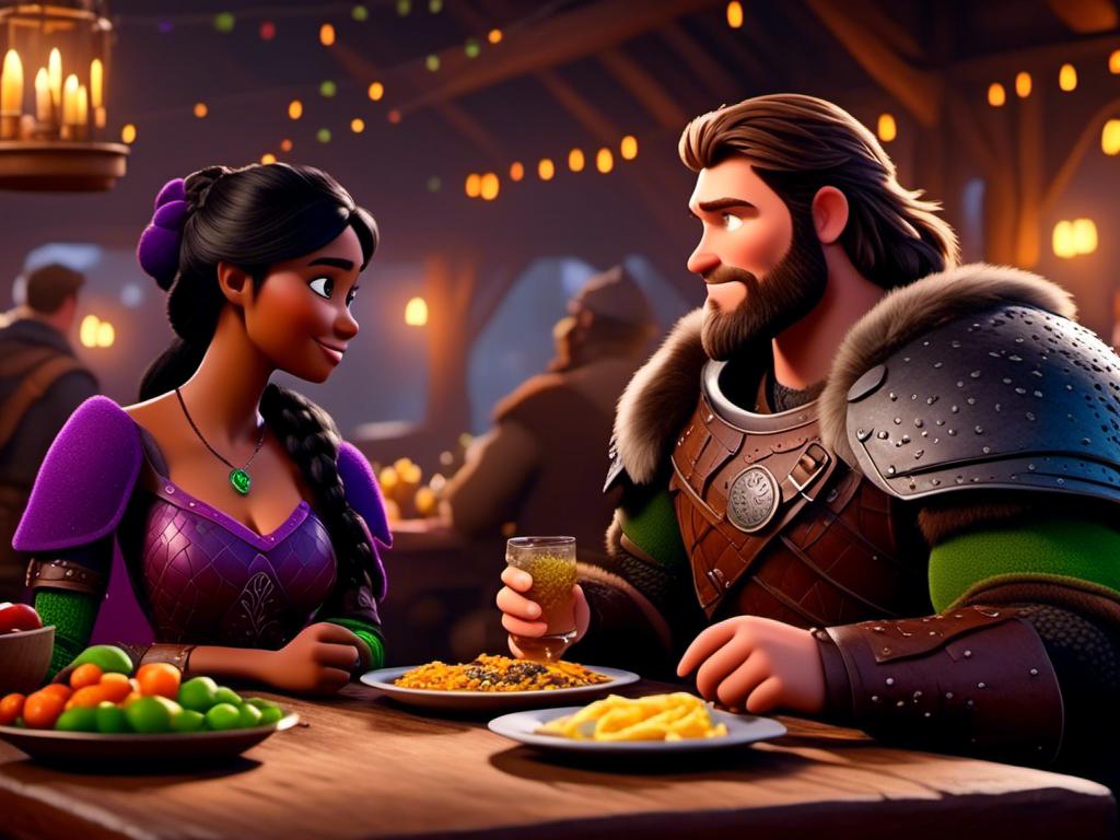 Prompt: <mymodel>CGI Animation, digital art, 20-year-old-old viking woman of royalty standing a busy tavern having a meal with her husband Jarl, Jarl is clean shaven, {{the woman has purple armor}}, black hair, straight hair with a tiara, subtle smile, Jarl has green armor and brown gear, unreal engine 8k octane, 3d lighting, close up camera shot on the face, full armor