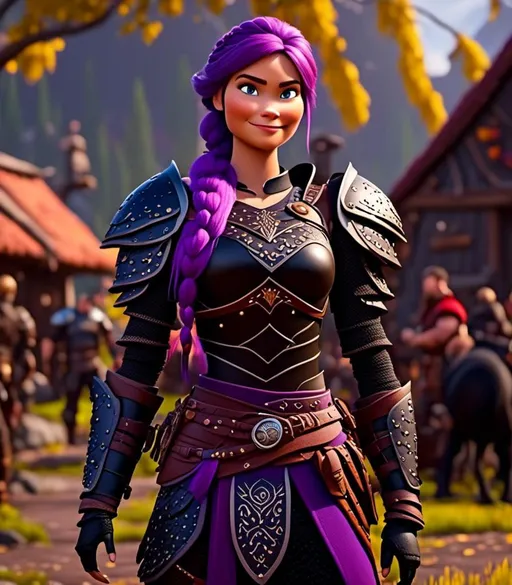 Prompt: <mymodel>CGI Animation, digital art, 20-year-old-old viking woman with light blue eyes and purple hair, standing outside in her viking village among her people, black clothes, black dragon scaled colored armor, purple hair, single braid down her shoulder with a gold tiara, subtle smile, unreal engine 8k octane, 3d lighting, close up camera shot on the face, full armor