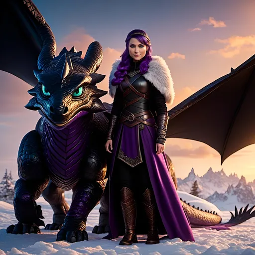 Prompt: Photo of <mymodel> standing next to her ((black)) razorwhip dragon from How to Train Your Dragon in the snow, {{she has light blue eyes}}, she is wearing a fur hood over her head, she is wearing a fur cape