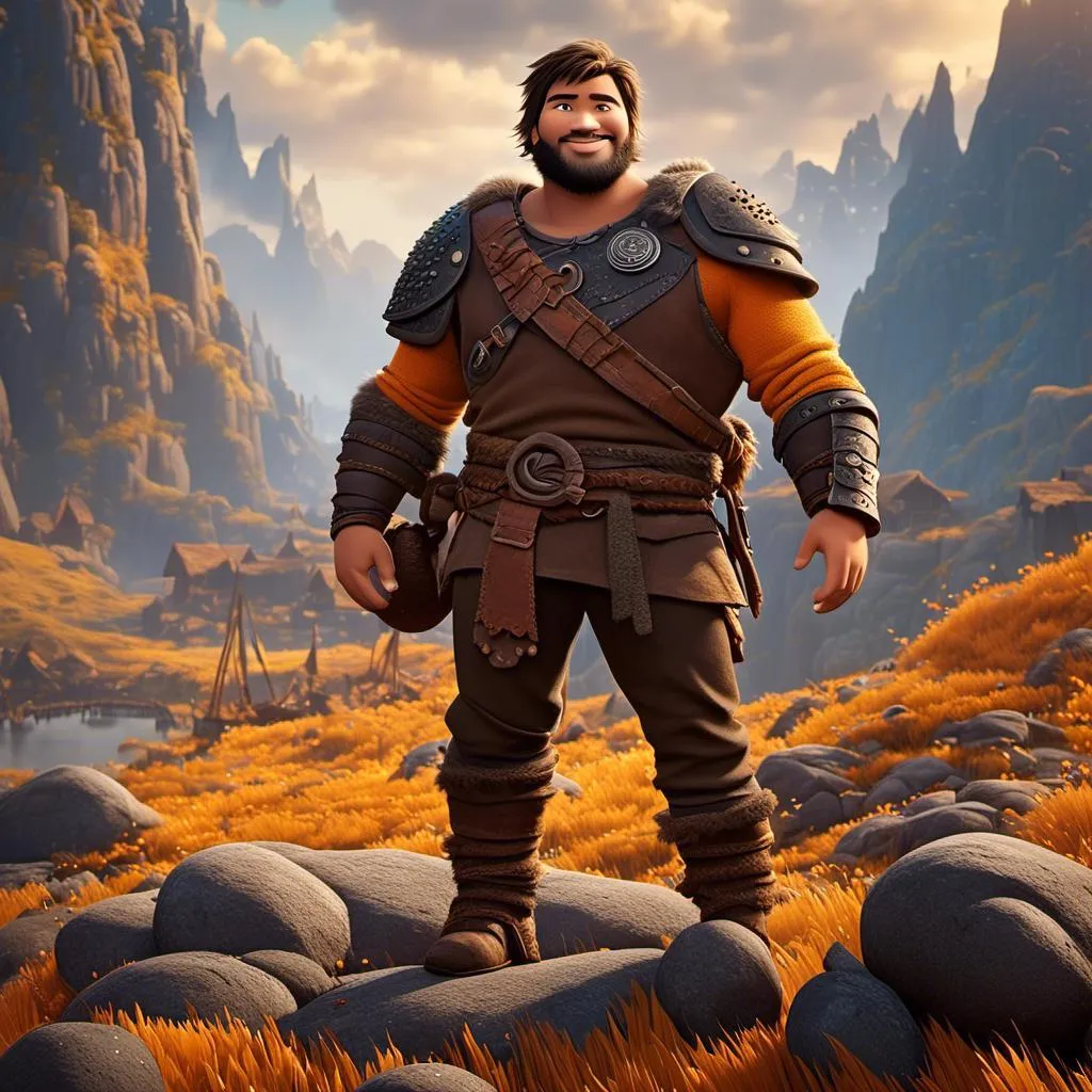 Prompt: <mymodel>CGI Animation of a viking male, light and small body build, young looks, black short spiky hair, brown eyes, bright orange simple gear, yellow highlights and textures, full body picture, standing in a viking village, intricate details, high quality, digital painting, bright energetic tones, dramatic lighting