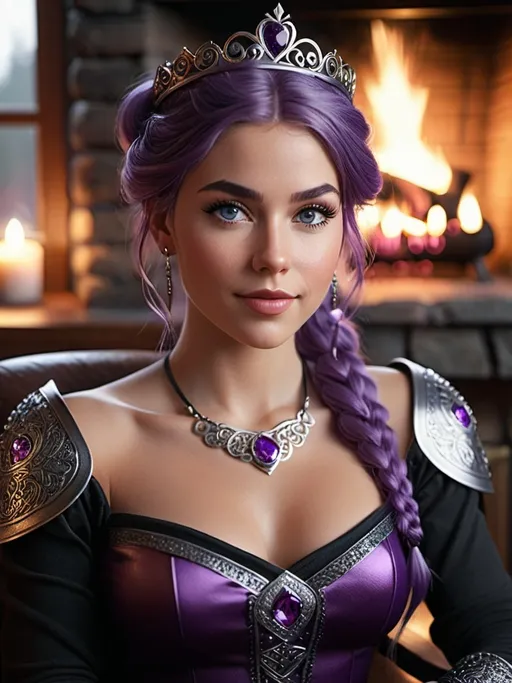Prompt: <mymodel>CGI Animation, digital art, 20-year-old-old viking woman of royalty sitting at a desk in her home in the living room next to the fireplace, light blue eyes, {{black gear, purple armor}}, purple hair, single braid down her shoulder with a tiara, subtle smile, unreal engine 8k octane, 3d lighting, close up camera shot on the face, full armor
